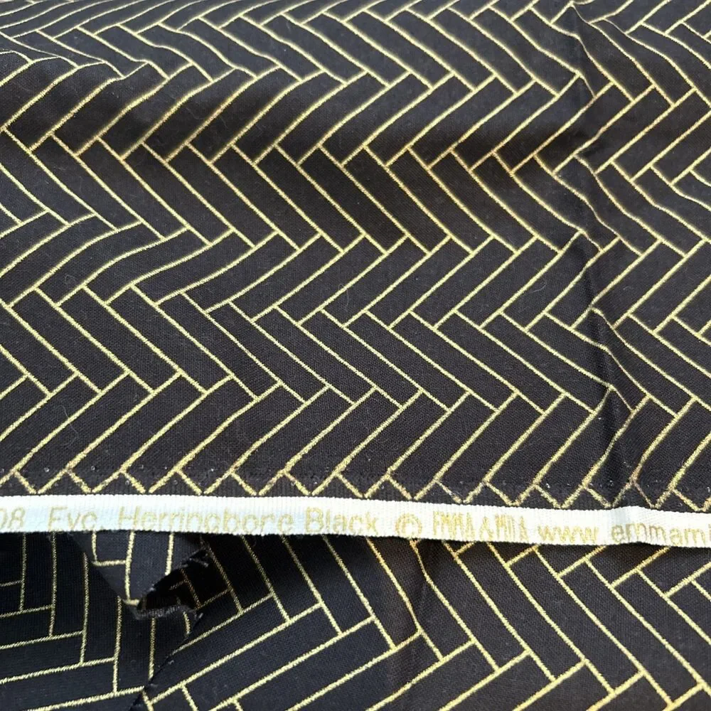 Emma &  Mila Cotton Quilting Fabric Black Gold Herringbone Print 30
